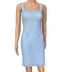 Vintage bebe moda Blue Floral Mesh Overlay Bodycon Mini Dress Size M Y2K 90s
